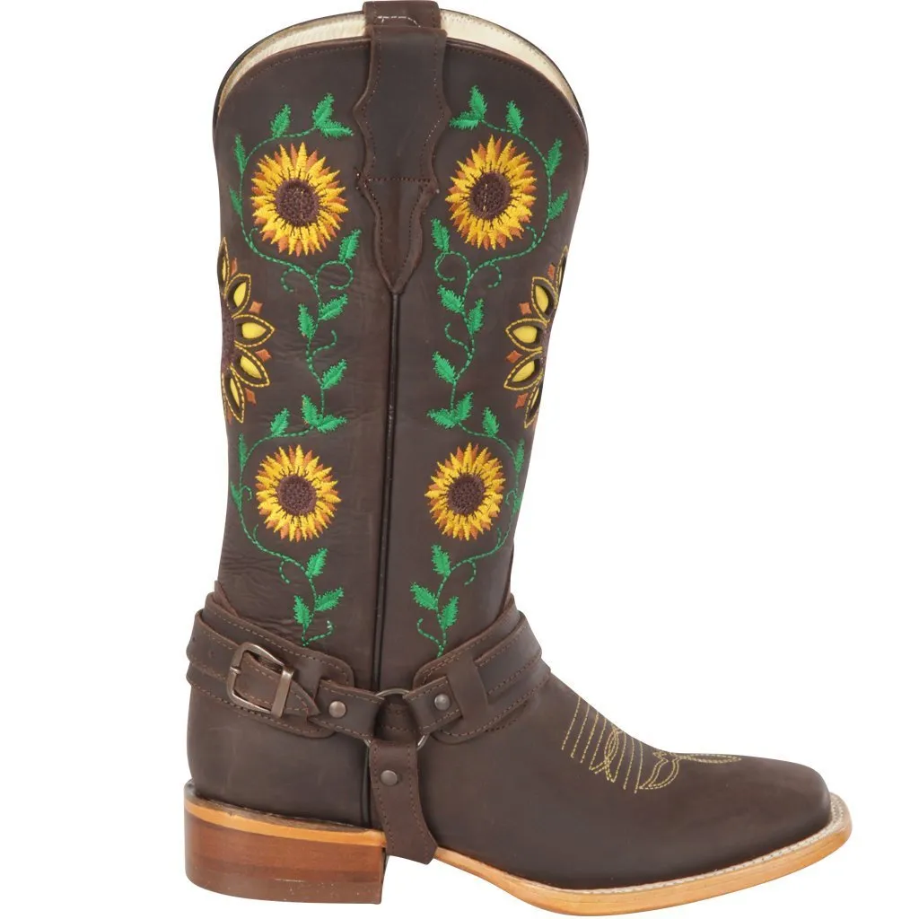 Botas Vaqueras de Cuero con Girasoles para Mujer en Horma Rodeo Q322GL6294
