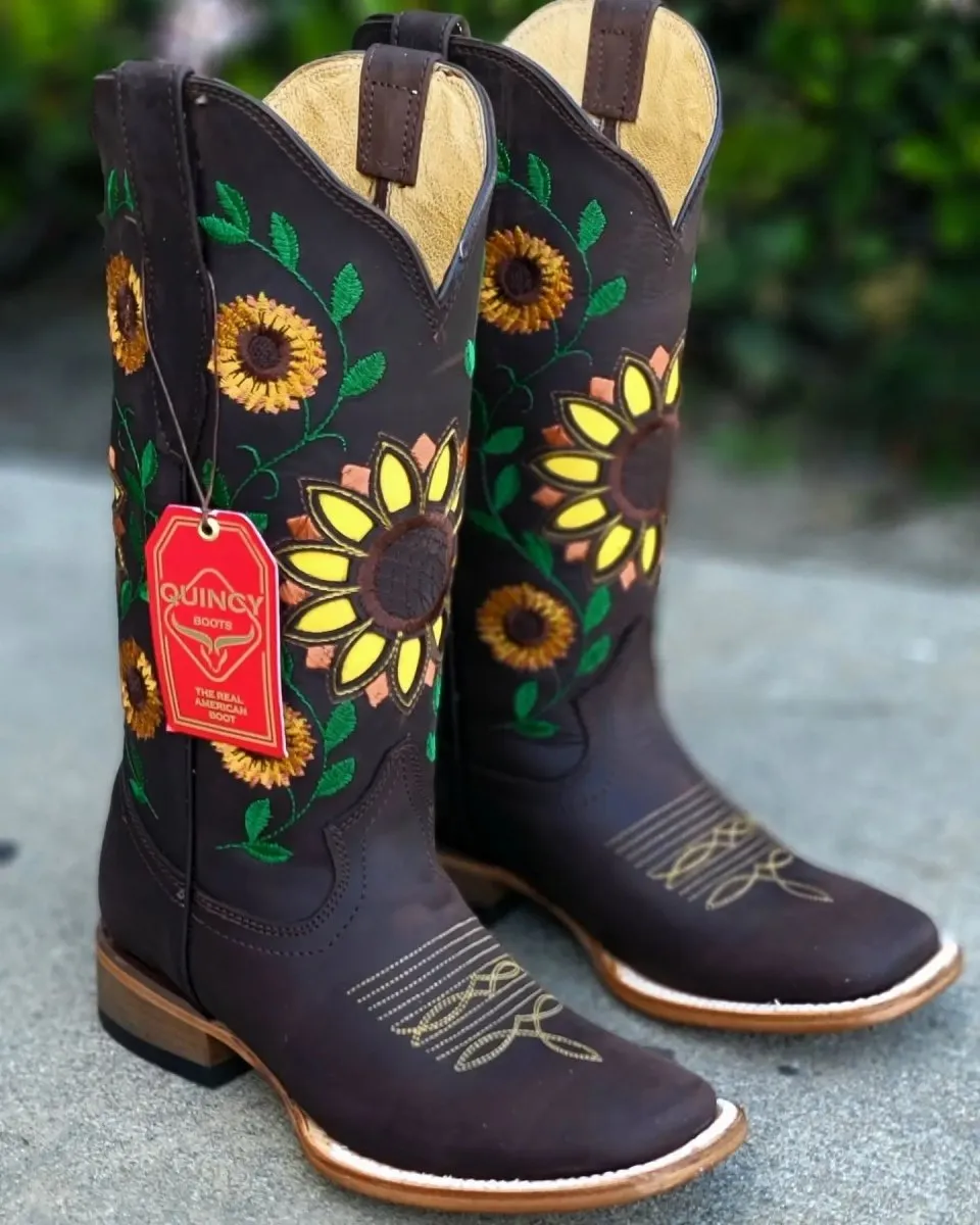 Botas Vaqueras de Cuero con Girasoles para Mujer en Horma Rodeo Q322GL6294