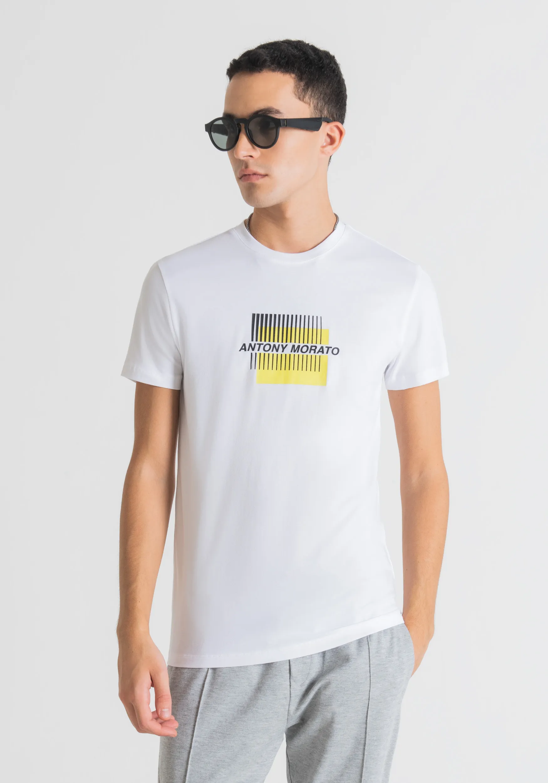 CAMISETA SUPER SLIM FIT DE ALGODÓN ELÁSTICO CON LOGOTIPO EN CONTRASTE