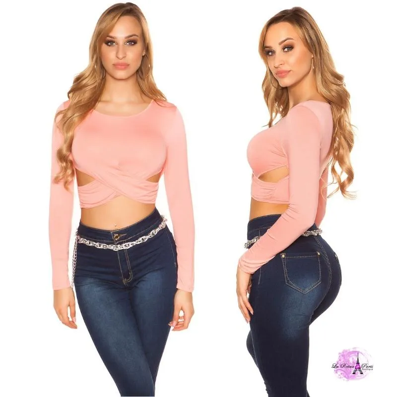 Crop top manga larga salmón