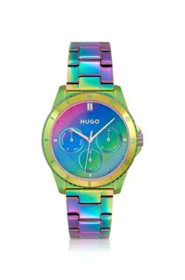 Reloj con pulsera de eslabones en acero de color arcoíris