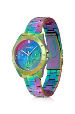 Reloj con pulsera de eslabones en acero de color arcoíris